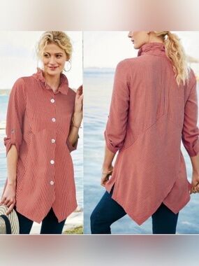 Soft Surroundings Sasha stripped tunic 
/button-down front/roll-tab sleeve sz XS